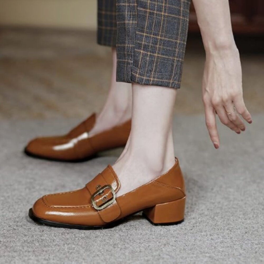 Brown Square Toe Loafers Slip on Block Low Heel Pumps Buckle Fashion Formal Shoe